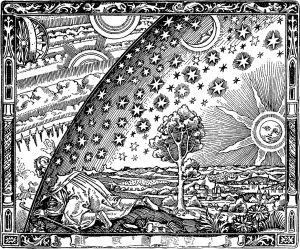 Could this image be sharing information about medieval cosmology, the flat earth, sky (heavenly firmament), as a illustration of research and the mysterious (Occulted) quests for knowledge?