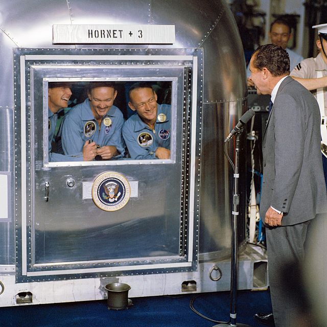 24 July 1969 President Nixon welcomes Apollo 11 astronots aboard the USS Hornet.