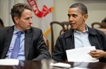 President Barack Obama talks with Treasury Secretary Timothy Geithner during fiscal policy meeting in the Roosevelt Room of the White House, Saturday, April 9, 2011. (Official White House Photo by Pete Souza) This official White House photograph is being made available only for publication by news organizations and/or for personal use printing by the subject(s) of the photograph. The photograph may not be manipulated in any way and may not be used in commercial or political materials, advertisements, emails, products, promotions that in any way suggests approval or endorsement of the President, the First Family, or the White House.